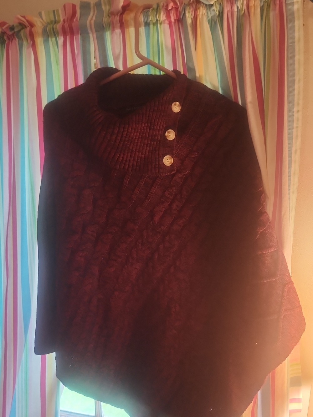 Women's Burgundy Button-Accent Cable Knit Sweater Poncho